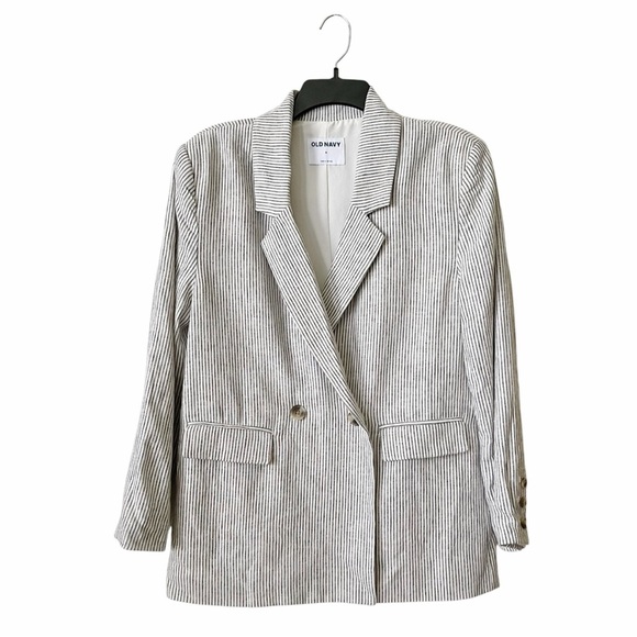 Old Navy Blazer Women's Size S Charcoal Stripe Double Breasted Linen Blend Coat - Picture 2 of 10